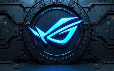 4k, logotipo brilhante da rog, obra de arte, bokeh, fundo metálico 3d, república dos jogadores, microcircuitos, condutores, marcas, logotipo da república dos gamers, asus rog, logotipo da rog, rog