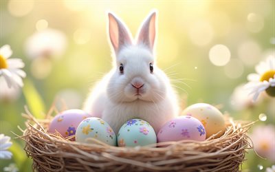 lapin de pâques, 4k, soirée, joyeuses pâques, oeufs de pâques avec des fleurs, œufs de pâques bleus, oeufs de pâques avec ornements floraux, décorations de pâques, concepts de pâques, joli lapin moelleux, nid avec des oeufs de pâques