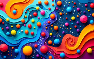 4k, ondas abstractas coloridas, esferas, bolas, curvas abstractas, creativo, abstracción colorida, fondo ondulado abstracto, ondas abstractas, fondos abstractos