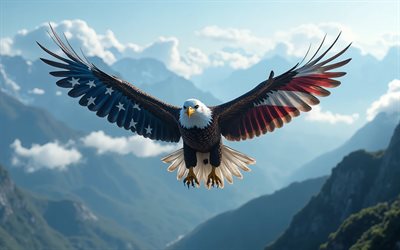 águia careca voadora, 4k, bandeira dos eua nas asas, aves de rapina, símbolo dos eua, arte da águia careca, águia careca, 4 de julho, águias, eua, quatro de julho, arte 3d