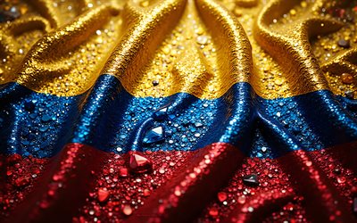 Colombia flag, 4K, gemstones, flag of Colombia, crystals, shiny stones, Colombia, creative art, yellow gemstones, yellow blue red crystals, Colombian flag