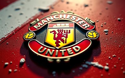 Manchester United FC metal logo, 4k, red white metal background, Premier League, Manchester United logo, Manchester United FC logo, Manchester United FC emblem, England, Manchester United FC