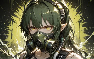 4k, gavial, grön grunge bakgrund, mörker, arknights, mask, manga, läkare på rhodos island, gavial den oövervinnelige, arknights karaktärer, gavial arknights