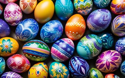 Colorful Easter eggs, 4k, floral ornaments, Happy Easter, Easter decorations, close-up, Easter eggs, Easter backgrounds, Easter