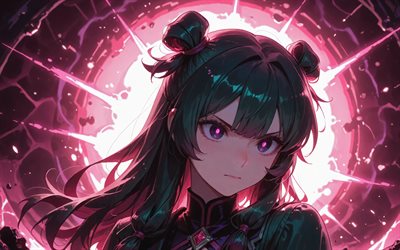 maomao, 4k, luces de neón rosa, noche, los diarios del boticario, kimono, manga, protagonista, los personajes de el diario del boticario, torii, obra de arte, maomao los diarios del boticario