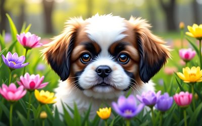 4k, جرو شيه تزو, عن قرب, ربيع, خوخه, كلاب, حيوانات لطيفة, الجراء, حيوانات أليفة, شيه تزو, زهور الربيع, جرو على العشب, كلب شيه تزو