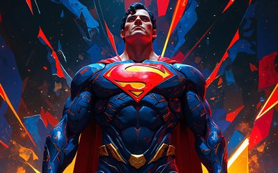4k, 초인, 슈퍼 히어로, 빨간색 파란색 추상적 인 배경, 마블 코믹스, 슈퍼맨 아트, 팬 아트, 슈퍼맨 4k