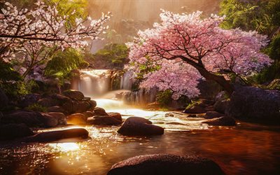 paisaje de primavera, sakura, noche, atardecer, flor de cerezo, cascada, paisaje de montaña, montañas