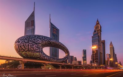 Museum of the Future, Dubai, evening, sunset, skyscrapers, Dubai museums, Dubai cityscape, UAE, Financial District of Dubai, United Arab Emirates