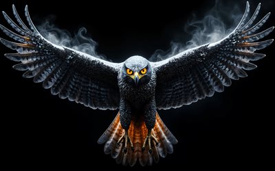 falcão cinza com asas estendidas, 4k, aves de rapina, falcão cinza, gemas cinzentas, falcão, fundo preto, predadores, falcão no escuro