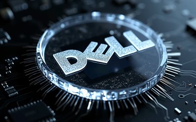 dell logo aus weißem glas, 4k, schwarzer technologiehintergrund, dell emblem, weißes 3d logo von dell, dell zeichen, schwarzes mainboard, dell weiß leuchtendes schild, dell logo, dell
