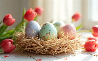 Pink Easter eggs with ornaments, Happy Easter, Easter concepts, Easter eggs with ornaments, Easter decorations, Easter, red tulips, spring