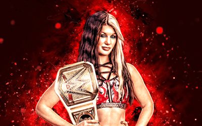 blair davenport, 4k, luzes de néon vermelhas, wwe, criativo, lutador americano, blair davenport com cinto, nxt, fundo abstrato laranja, entretenimento de luta livre mundial, lutadores, blair davenport 4k