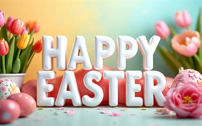 4k, feliz páscoa, bokeh, letras 3d brancas, fundo colorido, ovos de páscoa dourados, molduras de páscoa, decorações de páscoa, fundos de páscoa, ovos de páscoa, inscrição de feliz páscoa, páscoa