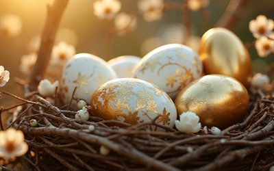 Golden Easter eggs, 4k, apple blossom, golden ornaments, Happy Easter, spring, Easter ornaments, Easter eggs with golden ornaments, Easter decorations, Easter concepts, Easter