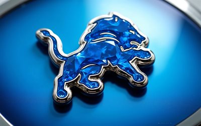Detroit Lions crystal logo, 4k, blue metal background, crystal art, blur, Detroit Lions emblem, USA, Detroit Lions, American football, Detroit Lions logo, NFL