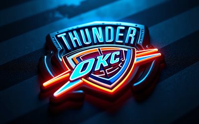 logotipo de neón del oklahoma city thunder, 4k, fondo de metal negro, nba, logotipo del trueno de la ciudad de oklahoma, emblema del trueno de la ciudad de oklahoma, luz de neón azul, eeuu, trueno de la ciudad de oklahoma, baloncesto