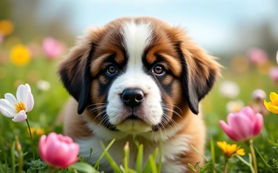 4k, セントバーナード, 花, 春, ボケ味, 犬, かわいい動物たち, 子犬, ペット, セントバーナードの子犬, 春の花, 芝生の上の子犬, セントバーナード犬
