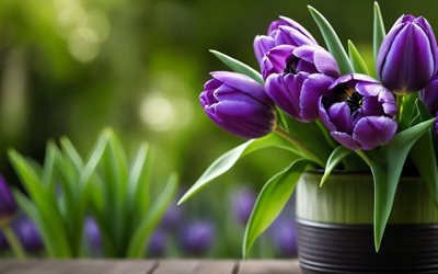 4k, الزنبق البنفسجي, حديقة, براعم, زهور الربيع, خوخه, باقة من زهور التوليب, زهور جميلة, ربيع, الخلفية مع زهور التوليب, زهور البنفسج, براعم البنفسج, زهور التوليب