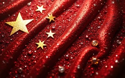 bandiera cinese, 4k, pietre preziose, bandiera della cina, cristalli, pietre lucenti, cina, arte creativa, pietre preziose rosse, cristalli rossi