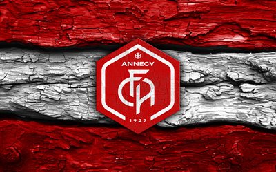 logotipo de madeira do fc annecy, 4k, fundo de madeira branco vermelho, liga 2, futebol, logotipo do fc annecy, emblema do fc annecy, fc annecy, clube de futebol francês, annecy fc