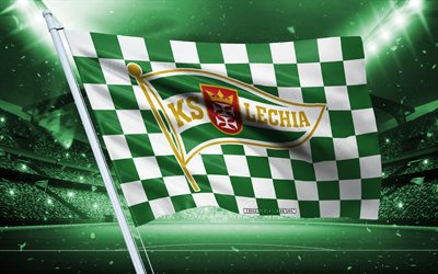 4k, logotipo do lechia gdansk, clube de futebol polonês, bandeira do estádio, bandeira dos fãs de piast gliwice, bandeira branca verde, emblema lechia gdansk, ekstraklasa, polônia, futebol, lechia gdansk