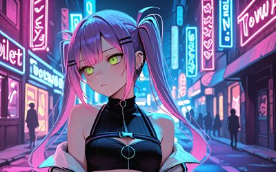 4k, tokoyami towa, gata, neonskyltar, virtuell youtuber, natt, vtuber, violett hår, hololive, flicka med gröna ögon, konstverk, manga, tokoyami towa kanal, tokoyami towa virtual youtuber