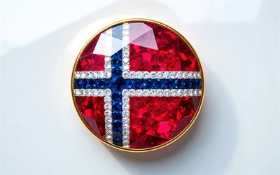 bandera de noruega, 4k, bandera noruega dentro de una piedra preciosa, fondo blanco, piedra preciosa, fondo de cristal rojo, noruega, bandera noruega