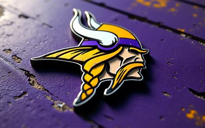 logotipo de metal do minnesota vikings, 4k, fundo de metal roxo, emblema dos minnesota vikings, arte metálica, eua, minnesota vikings, futebol americano, logotipo do minnesota vikings, nfl