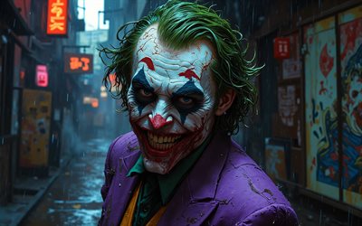 4k, joker sonriente, calle, noche, lluvia, supervillano, bromista, oscuridad, comodín 4k, creativo, arte del comodín