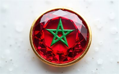 bandera de marruecos, 4k, bandera marroquí dentro de una piedra preciosa, fondo blanco, piedra preciosa, fondo de cristal rojo, marruecos, bandera marroquí