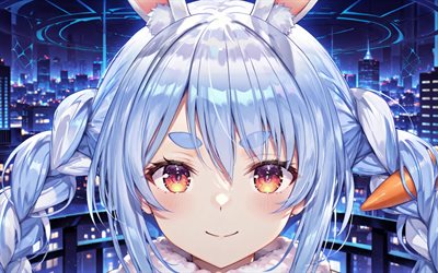 4k, usada pekora, blaues stadtbild, nacht, virtueller youtuber, nahaufnahme, orangefarbene augen, karotten, vtuber, kreativ, hololive, manga, usada pekora kanal, usada pekora virtual youtuber