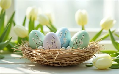 Easter eggs with sakura ornaments, Happy Easter, Easter concepts, white Easter eggs, flowers painted on Easter eggs, Easter decorations, Easter, white tulips, spring