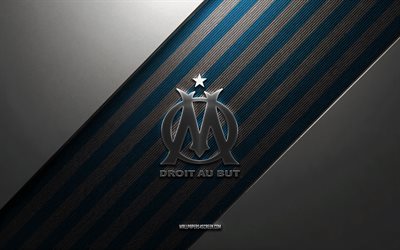 Olympique Marseille logo, 4k, steel background, French football club, blue white lines, Olympique Marseille emblem, Ligue 1, Olympique Marseille, France, football, Olympique Marseille metal logo, Olympique de Marseille