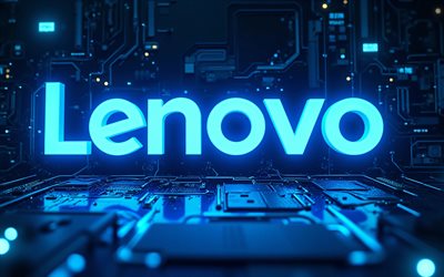 logotipo brilhante da lenovo, 4k, fundo azul de alta tecnologia, condutores, marcas de eletrônicos, criativo, logotipo da lenovo no microcircuito, marcas, logotipo de néon da lenovo, obra de arte, logotipo da lenovo, lenovo