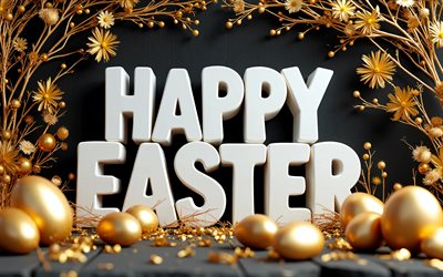 4k, feliz páscoa, letras 3d brancas, fundo de madeira preto, decorações florais, ovos de páscoa dourados, molduras de páscoa, decorações de páscoa, fundos de páscoa, ovos de páscoa, inscrição de feliz páscoa, páscoa