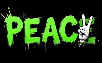 Peace cool, 4K, black background, grunge art, Peace art, hand with peace sign, Peace concepts, Peace T-shirt art, Peace graffiti