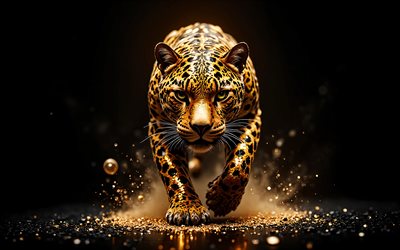 leopardo en la oscuridad, 4k, depredador, gatos salvajes, leopardo, caza, piedras preciosas doradas, fondo negro, leopardos