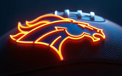 denver broncos neon logotyp, 4k, blå metall bakgrund, denver broncos tecken, orange neonljus, denver broncos logotyp, denver broncos emblem, usa, nfl, amerikansk fotboll