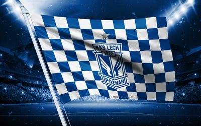4k, Lech Poznan logo, Polish football club, stadium flag, Lech Poznan fans flag, blue white flag, Lech Poznan emblem, Ekstraklasa, Poland, football, Lech Poznan