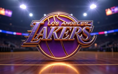 4k, logotipo 3d de los ángeles lakers, focos, fondo del estadio de baloncesto, nba, creativo, baloncesto, logotipo de los ángeles lakers, logotipo metálico de los ángeles lakers, equipo de baloncesto americano, lakers de los ángeles, lakers