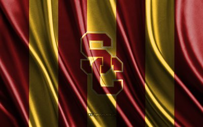 4k, usc 트로이 목마 로고, ncaa, 빨간색 노란색 실크 질감, usc 트로이 목마 플래그, 미식축구 클럽, 실크 깃발, usc 트로이 목마 엠블럼, 미국, usc 트로이 목마 배지, usc 트로이 목마