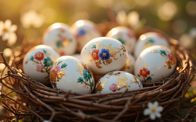 ostereier mit bemalten blumen, 4k, abend, sonnenuntergang, frohe ostern, ostereier, osterdekorationen, ostern, ostereier in einem nest
