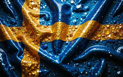 Swedish flag, 4K, gemstones, flag of Sweden, crystals, shiny stones, Sweden, creative art, blue gemstones, blue yellow crystals, Sweden flag