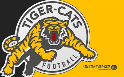 logotipo de hamilton tiger cats, 4k, fondo amarillo, arte del carbono, cfl, emblema de los hamilton tiger cats, equipo de fútbol canadiense, canadá, hamilton tigre gatos, fútbol americano