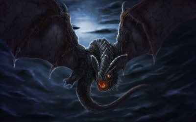 dragão, noite, lua, monstros