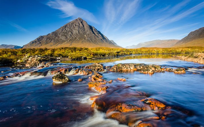 Escocia, río, piedras, cielo, montañas, verano