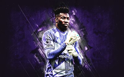 andre onana, manchester united fc, kamerunlu futbolcu, kaleci, mor taş arka plan, grunge art, premier lig, ingiltere, futbol, andre onana manchester united