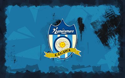 Kamatamare Sanuki grunge logo, 4k, J3 League, blue grunge background, soccer, Kamatamare Sanuki emblem, football, Kamatamare Sanuki logo, Kamatamare Sanuki, japanese football club, Kamatamare Sanuki FC
