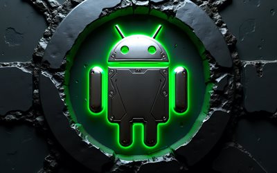 4k, android  puinen logo, luova, os  tuotemerkit, 3d  taide, vihreät neonvalot, bokeh, vihreä metallitausta, android 3d  logo, atrwork, android  logo, tuotemerkit, androidi